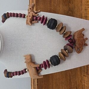 HAND CARVED WOOD BEAD & ANIMAL NECKLACE